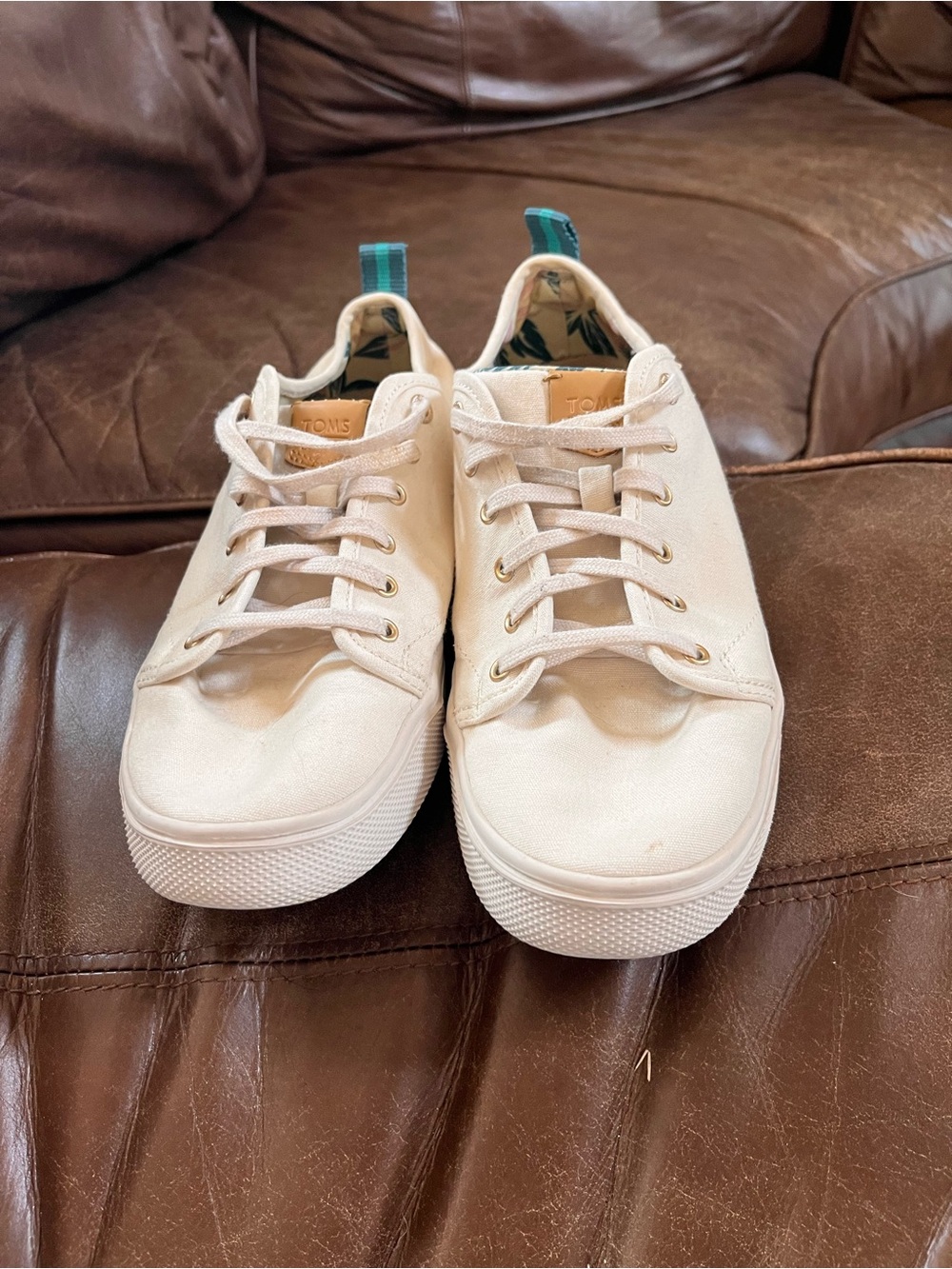 Toms Ivory Canvas Lace-Up Sneakers with Teal Heel Tabs